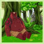 anthro belly bottomwear clothed clothing detailed_background eyes_closed fur humanoid_hands male moobs navel nipples open_clothing open_shirt open_topwear outside overweight overweight_anthro overweight_male red_body red_fur shirt shorts sitting solo topwear spazz_bear bear mammal 1:1 2018 absurd_res hi_res