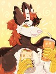 abstract_background anthro beverage brown_body brown_feathers brown_fur burrito fangs feathers feet food fur hair holding_beverage holding_food holding_object horn male orange_body orange_feathers orange_fur orange_hair pink_nose sandwich_(food) smile solo talons teeth toes white_body white_feathers yellow_talons capebone mythology fursona_(birdpaw) dragon feathered_dragon feathered_scalie furred_dragon furred_scalie mythological_creature mythological_scalie scalie 2023 3:4 bust_portrait digital_media_(artwork) hi_res portrait