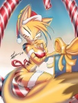 blonde_hair blue_eyes bow_(feature) bow_accessory bow_ribbon box clothed clothing container ear_piercing female gift gift_bow gift_box hair hat headgear headwear holidays package piercing pose ribbons solo tail two_piece_suit waist_bow ambberfox christmas sanura felid mammal hi_res