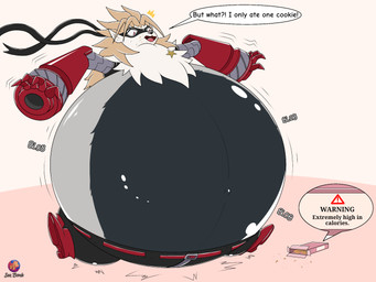 anthro belly belly_expansion belt blonde_hair bodily_fluids bottomwear box clothing container cookie cybernetic_arm cybernetic_limb eating expansion female food footwear fur grey_body grey_fur growth hair mask mechanical_arm morbidly_obese navel obese outie_navel overweight pants red_eyes shoes solo speech_bubble star sweat text warning_symbol weight_gain white_body white_fur zipper blaueseele bandai_namco digimon digimon_beatbreak digimon_(species) wolvermon 2026 4:3 digital_media_(artwork) english_text hi_res
