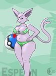 2020 anthro anthrofied ball beach beach_ball big_breasts bikini breasts cheek_tuft chocend clothed clothing eeveelution espeon facial_tuft female forked_tail fur generation_2_pokemon hand_on_hip hi_res holding_object inflatable nintendo pokemon pokemon_(species) portrait purple_body purple_eyes purple_fur seaside slightly_chubby smile solo standing swimwear tail thick_thighs three-quarter_portrait tuft unusual_anatomy unusual_tail