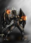 anthro fire grey_background horn membrane_(anatomy) membranous_wings muscular simple_background smoke solo tail wings neonyx mythology dragon mythological_creature mythological_scalie reptile scalie hi_res