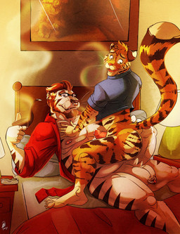 age_difference anthro anthro_on_anthro ashtray balls bathrobe beard bed big_penis bodily_fluids bottomless butt clothed clothing cum cum_on_chest duo ear_piercing erection eyewear facial_hair facial_piercing fangs foreskin fur furniture genital_fluids genital_piercing genitals glasses hair humanoid_genitalia humanoid_penis lamp long_penis male male/male male_on_bottom male_on_top mostly_nude muscular nipple_piercing nipples nose_piercing nose_ring nude on_bottom on_top open_clothing open_mouth open_robe open_shirt open_topwear partially_retracted_foreskin pec_grab pecs penis penis_piercing piercing pipe precum prince_albert_piercing retracted_foreskin ring_piercing robe scrotum_piercing septum_piercing sharp_teeth shirt smoke smoking smoking_pipe straddling stripes teeth thick_penis tongue topwear donryu vex_(donryu) domestic_cat felid feline felis mammal pantherine tiger hi_res