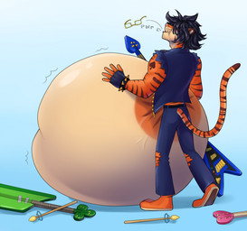 anthro bass_guitar belly big_belly black_hair drumstick_(musical) electric_guitar fur guitar hair huge_belly male male_pred musical_instrument orange_body orange_fur plucked_string_instrument same_size_vore string_instrument striped_body striped_fur stripes vore matokiro felid mammal pantherine tiger hi_res