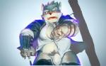 5_fingers anthro biped bottomwear bulge clothed clothing fingers fur humanoid_hands male multicolored_body multicolored_fur pubes solo topwear two_tone_body two_tone_fur ramenbeny lifewonders tokyo_afterschool_summoners moritaka_(tas) canid canine canis domestic_dog mammal 2017