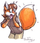 2003 anthro breasts brown_hair canid canine clothed clothing dingbat female fluffy fluffy_tail fox fur hair low_res mammal orange_body orange_fur reaction_image shocked simple_background solo tail tongue tongue_out white_background