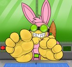 4_toes ambiguous_gender anthro dr_hare feet foot_focus humanoid_feet micro pink_body plantigrade soles solo toes yellow_body electricsnowfox poptropica humanoid lagomorph leporid mammal rabbit hi_res