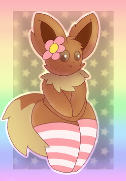 ambiguous_gender anthro border clothing flower flower_on_head footwear freckles legwear multicolored_border pattern_background pattern_clothing pattern_legwear pattern_thigh_highs pink_clothing pink_legwear pink_thigh_highs plant rainbow rainbow_border rainbow_theme semi-anthro shy simple_background slightly_chubby socks solo star star-shaped_background star_polygon striped_clothing striped_legwear striped_thigh_highs stripes thick_thighs thigh_highs thigh_socks nanabsylve nintendo pokemon eevee generation_1_pokemon pokemon_(species) hi_res