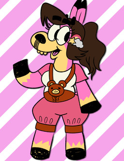 accessory anthro big_eyes black_ear_tips black_nose brown_hair dipstick_ears ear_markings eyebrow_through_hair eyebrows female fur hair hair_accessory hairclip markings multicolored_ears open_mouth pattern_background pink_background pink_body pink_fur pink_tongue simple_background smile solo standing striped_background tied_hair tongue translucent translucent_hair yellow_body yellow_fur joantoonz joan_(joantoonz) 2025 digital_drawing_(artwork) digital_media_(artwork) english_description hi_res