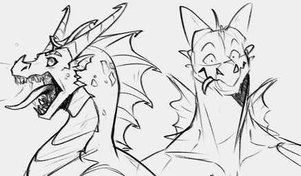 ambiguous_feral ambiguous_gender anthro duo fangs feral frill_(anatomy) front_view horn male male_anthro neck_frill open_mouth side_view simple_background teeth tongue tongue_out jezzlen mythology dragon mythological_creature mythological_scalie scalie bust_portrait monochrome portrait sketch sketch_page