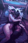 anthro bedding breasts cuddling duo female female/female horn machine membrane_(anatomy) membranous_wings non-mammal_breasts romantic romantic_couple tail thick_tail visor wings sogemaji mythology dragon mythological_creature mythological_scalie protogen scalie digital_media_(artwork) hi_res pixel_(artwork)