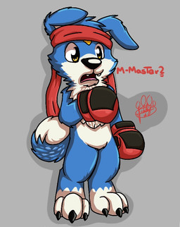 anthro biped black_nose blue_body blue_ears blue_fur claws dialogue dipstick_tail fangs floppy_ears fur grey_background male markings multicolored_body multicolored_fur nervous open_mouth pink_tongue simple_background solo tail tail_markings teeth toe_claws tongue white_body white_fur white_inner_ear white_tail_tip yellow_body yellow_eyes yellow_fur gaokun bandai_namco digimon digimon_(species) gaomon 2015 watermark