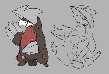 anus erection feral foreskin genitals humanoid_genitalia humanoid_penis looking_at_viewer male markings musclegut muscular nipples penis presenting presenting_anus presenting_balls presenting_penis red_markings smug solo spread_legs spreading undercover_bluejay nintendo pokemon eulipotyphlan excadrill generation_5_pokemon mammal mole_(animal) pokemon_(species) hi_res model_sheet