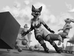 action_pose anthro bottomwear breasts building clothed clothing cloud detailed_background eyewear female group inline_skates male midriff navel open_mouth outside pose roller_skates scut_tail short_tail shorts skating sky solo_focus sunglasses tail whiskers ipoke canid canine canis fox lagomorph leporid mammal rabbit wolf 2022 4:3 digital_media_(artwork) greyscale monochrome