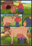 bodily_fluids farm farmer female feral lactating milk teats text transformation udder_lactation udder_milking udders splashtf bovid bovine canid canine canis cattle domestic_dog mammal absurd_res comic english_text hi_res url