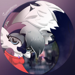 anthro blue_eyes city city_background clothing ember(fennespresso) female fur grey_hair hair looking_at_viewer night purple_body purple_fur raining smile smiling_at_viewer solo sweater toony topwear white_body white_fur fennespresso canid canine fox mammal 1:1 hi_res icon