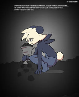 anthro black_body crouching dating grey_background male sad simple_background solo tail text upset token_taker nintendo pokemon pan_(token_taker) generation_6_pokemon pancham pokemon_(species) comic digital_media_(artwork) english_text hi_res