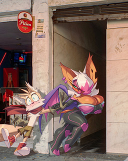 anthro big_breasts biped blush boots bottomwear breasts clothed clothing detailed_background eyelashes female footwear hair hair_over_eye high_heeled_boots high_heels imminent_sex larger_female male male/female outside pupils shoes shorts size_difference smaller_male smile bigdad a_chance_encounter sega sonic_the_hedgehog_(series) miles_prower rouge_the_bat bat canid canine fox mammal meme