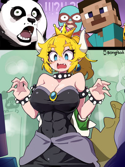 2_horns 5_fingers abs after_transformation anthro armband big_breasts black_body black_clothing black_dress black_ears black_fur black_hair black_nose blonde_eyebrows blonde_hair blue_eyes blush blush_lines bodily_fluids bracelet breasts brown_eyes brown_mask cape cleavage clothed clothed_female clothed_humanoid clothing collar confusion crown dress ear_piercing eyebrow_through_hair eyebrows eyelashes fangs female female_humanoid fingers fur green_eyes green_shell group hair headgear horn humanoid_pointy_ears humanoidized jewelry long_hair looking_down looking_down_at_self lucha_libre_mask luchador male male_anthro male_human mask multicolored_body multicolored_fur muscular muscular_female open_mouth palms piercing pink_tongue pointy_ears red_cape red_clothing shell shirt short_hair snout spiked_armband spiked_bracelet spiked_collar spiked_shell spikes spikes_(anatomy) sports_mask sportswear super_crown surprised sweat sweaty_face tail tan_body tan_skin teal_clothing teal_mask teal_shirt teal_topwear teeth thick_eyebrows tongue topwear translucent translucent_hair two_tone_body two_tone_fur two_tone_mask voice_actor_joke white_body white_fur white_horn white_shell white_spikes wide_eyed wrestler wrestling_mask yellow_tail bongftah bowsette_meme dreamworks kung_fu_panda mario_bros microsoft minecraft mojang nacho_libre nintendo xbox_game_studios bowser master_po_ping nacho_libre_(character) steve_(minecraft) animal_humanoid bear giant_panda human humanoid koopa_humanoid mammal scalie scalie_humanoid 2025 3:4 absurd_res crossover hi_res meme signature