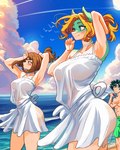 anthro big_breasts blonde_hair breasts brown_hair butt clothing cloud day dress duo_focus eyelashes female fur green_body green_fur green_hair group hair male navel ponytail sky smile translucent translucent_clothing trio white_clothing white_dress vlizz my_hero_academia ippan_josei izuku_midoriya ochaco_uraraka avian bird gull human lari larid mammal quirked_human_(my_hero_academia) 4:5 absurd_res hi_res