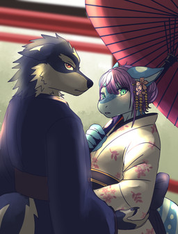 accessory anthro arnou_(dante) asian_clothing clothing duo east_asian_clothing female flower flower_in_hair green_eyes hair hair_accessory japanese_clothing kimono looking_at_viewer male male/female navy_yukata plant purple_hair red_eyes wagasa white_clothing white_kimono ketzel99 rigel_(1stsavagery) aquatic canid canine canis carpet_shark fish mammal shark whale_shark wolf absurd_res hi_res
