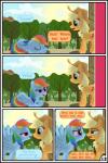 absurd_res applejack_(mlp) base_three_layout blockage_(layout) blonde_hair comic duo earth_pony english_text equid equine female feral four_frame_image friendship_is_magic green_eyes gutovi-kun hair hasbro hi_res horizontal_blockage horse mammal my_little_pony mythological_creature mythological_equine mythology pegasus pony rainbow_dash_(mlp) text three_row_layout wings