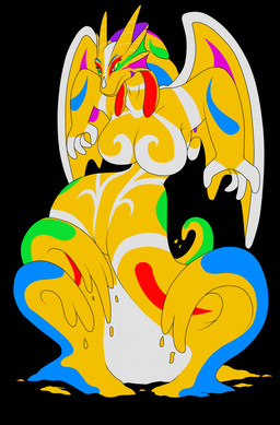 4_fingers anthro anthrofied big_breasts biped black_background breasts curvy_figure dripping facial_horn featureless_breasts female fingers goo_body head_horn horn hourglass_figure looking_at_self looking_down looking_down_at_self membrane_(anatomy) membranous_wings multicolored_body multicolored_eyes no_pupils non-mammal_breasts nose_horn nude paint paint_drip pose side_view simple_background slime small_waist solo splash standing tail thick_tail thick_thighs wave wide_hips wings yellow_body yellow_sclera charciko mythology the_pagemaster delancey_(quellaburd) dragon goo_creature goo_dragon mythological_creature mythological_scalie paint_dragon scalie 2021 colored colorful_theme digital_drawing_(artwork) digital_media_(artwork) flat_colors hi_res pinup