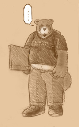 anthro backpack bottomwear clothing ellipsis humanoid_hands male overweight overweight_anthro overweight_male pants shirt simple_background solo text text_on_clothing text_on_shirt text_on_topwear topwear caesarcub canid canine mammal raccoon_dog tanuki 2006