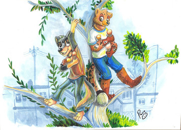 anthro black_body black_fur black_nose blue_bottomwear blue_clothing blue_shorts bottomwear clothed clothing duo facial_spots food fur gloves_(marking) grey_bottomwear grey_clothing grey_pants head_tuft holding_food holding_ice_cream_cone holding_object ice_cream_cone in_tree leg_markings logo male male_anthro markings mouth_closed open_mouth open_smile orange_body orange_fur outside pants plant red_clothing red_shirt red_t-shirt red_topwear shirt shorts smile socks_(marking) spotted_face spotted_legs t-shirt topwear tree tuft white_clothing white_shirt white_t-shirt white_topwear pandapaco artist_logo signature