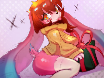 anthro big_breasts big_ears blush bottomless box breasts clothed clothing container female fluffy gift gift_box holidays legwear simple_background sitting solo stockings sweater teasing teeth tongue tongue_out topwear mistleinn christmas remmy_(remybunny) lagomorph leporid mammal rabbit 4:3