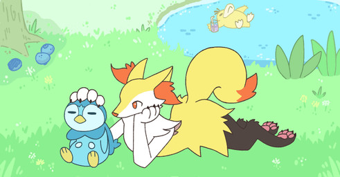 3_toes 4_fingers 4_toes >w< ambiguous_gender anthro arm_tuft beverage black_body black_claws black_fur blue_body blush blush_lines bubble cheek_tuft claws dipstick_tail drinking duo_focus eyes_closed facial_tuft feet fingers food fruit fur grass group headpat heart_symbol hug inner_ear_fluff lying markings nuzzling on_front open_mouth oran_berry orange_body orange_eyes orange_fur orange_nose outside pawpads pink_pawpads plant pokemon_berry sharp_teeth shoulder_tuft sitting smile tail tail_markings tail_motion tailwag teeth toes tree tuft water white_body white_fur yellow_body yellow_fur blurrygreyarts nintendo pokemon anatid anseriform avian bird braixen canid canine elemental_creature flora_fauna generation_1_pokemon generation_4_pokemon generation_6_pokemon mammal oddish piplup pokemon_(species) psyduck 2026 animated