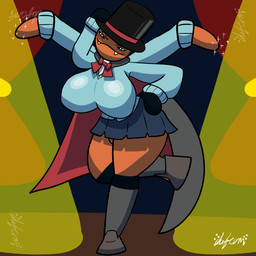 4_arms 6_eyes anthro blue_clothing blue_sweater blue_topwear bottomwear bow_tie cape clothing fangs footwear hat headgear headwear long_socks miniskirt multi_arm multi_eye multi_limb orange_body shoes simple_background skirt small_waist smile solo sweater teeth thick_thighs top_hat topwear wide_hips chefrens tejina_senpai chefrens_(chefrens) arachnid arthropod mygalomorph spider tarantula 1:1 hi_res