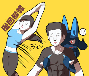ambiguous_gender anthro blue_body blue_fur bottomwear breasts clothing exclamation_point female fur group hug human_focus interrobang male navel not_furry_focus open_mouth pants question_mark red_eyes shirt simple_background spikes teeth text topwear white_body white_skin moffuriini_(artist) nintendo pokemon super_smash_bros. wii_fit yaranaika wii_fit_trainer canid canine generation_4_pokemon human lucario mammal pokemon_(species) crossover japanese_text meme translated