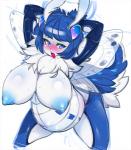 anthro areola belly big_belly big_breasts blue_hair blush bodily_fluids breasts chest_tuft female hair insect_wings nipples non-mammal_breasts non-mammal_nipples pregnant pregnant_anthro pregnant_female simple_background solo spots sweat tongue tongue_out tuft white_background wings slugbox anemone_(thescarletdevil) arthropod giant_leopard_moth insect lepidopteran moth tiger_moth hi_res