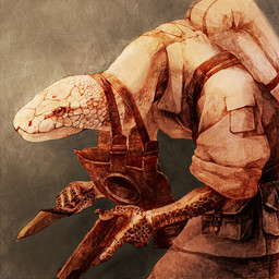 anthro backpack clothing gas_mask gun knife male mask military pouch_(clothing) ranged_weapon scales shirt solo topwear weapon gabasso lizard reptile scalie snake 1:1 restricted_palette