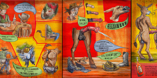 alcohol animal_genitalia animal_penis anthro anus balls belt_buckle beverage bodily_fluids boots buckle butt clothing cowboy cowboy_boots cowboy_hat cum dialogue drunk duo equine_anus equine_genitalia equine_penis erection footwear furniture genital_fluids genitals gun handgun hat headgear headwear kerchief male male/male penis profanity ranged_weapon revolver shoes species_transformation speech_bubble substance_intoxication table tail tail_grab text transformation weapon greengod asinus donkey equid equine human humanoid mammal comic english_text hi_res