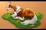 ambiguous_gender black_bars blue_eyes brown_body feral flower grass grin looking_at_viewer mane orange_background plant simple_background smile solo sunflower tail white_body white_mane white_tail scarlanya equid equine horse mammal letterbox