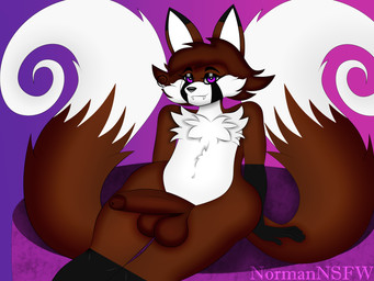 2_tails balls big_balls big_penis brown_body brown_fur candy chocolate dessert femboy food fur genitals humanoid_genitalia humanoid_penis legs_together magic male multi_tail penis purple_eyes sitting solo spiral tail white_body white_fur normannsfw normanthefox canid canine fox mammal 4:3 absurd_res hi_res