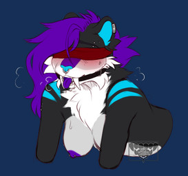 anthro barbell_piercing bdsm black_body black_fur blindfold blue_body blue_fur blue_nose blush bodily_fluids breasts ear_piercing eyebrow_piercing eyebrows facial_piercing fangs female fur gag hair nipple_barbell nipple_piercing nipples nose_piercing nose_ring piercing purple_body purple_fur purple_hair purple_nipples purple_tongue ring_piercing sabertooth_(anatomy) solo sweat sweatdrop teeth tongue tuft softvampire faelyrena felid mammal prehistoric_species saber-toothed_tiger absurd_res alpha_channel hi_res