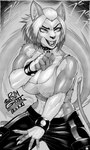 2023 5_fingers absurd_res anthro biceps big_breasts bottomwear bracelet breasts cleavage clothed clothing collar fangs felid feline felis female fighting_pose fingers greyscale hi_res inner_ear_fluff japanese_text jewelry mammal meme menacing_(meme) midriff monochrome muscular muscular_female nails open_mouth open_smile pants pltnm06ghost pose sharp_nails shirt signature smile solo spiked_collar spikes studded_bracelet studded_jewelry studs tank_top teeth text tezza_alterra_(ionic44) topwear tuft wildcat