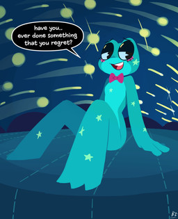 blush bow_tie bow_tie_only cosmic_background countershade_face countershading dialogue eyebrows eyelashes eyeshadow feet female green_body makeup membrane_(anatomy) mostly_nude open_mouth raised_inner_eyebrows red_bow_tie sitting sky solo speech_bubble star starry_background starry_sky text toes webbed_feet hydrabb glitch_productions the_amazing_digital_circus ribbit_(tadc) amphibian frog 2026 absurd_res english_text hi_res