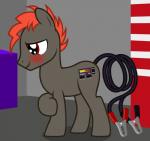 anthro battery_charger blush cable crocodile_clip cutie_mark hair jumper_cable male orange_hair red_eyes shy simple_background solo badumsquish hasbro my_little_pony fan_character equid equine horse mammal pony hi_res