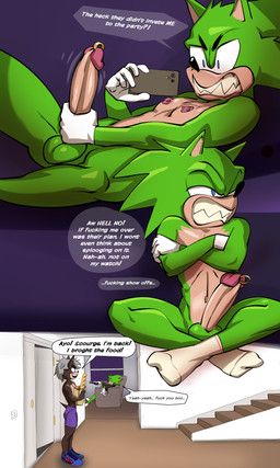 angry anthro baguette balls big_penis bottomwear bread cellphone chair clothed clothing controller crossed_arms dialogue electronics erection fingers food footwear fur furniture genital_piercing genitals gloves green_body grocery_bag hair half-closed_eyes handwear holding_cellphone holding_object holding_phone holding_smartphone humanoid_genitalia humanoid_penis looking_at_porn male masturbation narrowed_eyes nipple_piercing nipples open_mouth penile penile_masturbation penis penis_piercing phone piercing pornography prince_albert_piercing profanity remote_control sharp_teeth shoes shorts simple_background sitting smartphone smile socks speech_bubble tail teeth text topless topless_anthro topless_male topwear jackofak archie_comics sega sonic_the_hedgehog_(archie) sonic_the_hedgehog_(comics) sonic_the_hedgehog_(series) fan_character scourge_the_hedgehog eulipotyphlan hedgehog mammal 3:5 comic digital_media_(artwork) english_text hi_res