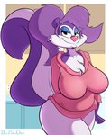 anthro big_breasts black_eyes blue_eyeshadow bottomwear breasts chest_tuft clothing countershading eyelashes eyeshadow female fur hair lips long_tail makeup pants pink_clothing pink_nose ponytail purple_body purple_ears purple_fur purple_hair purple_tail solo tail thick_bottom_lip thick_tail tuft two_tone_tail white_body white_bottomwear white_clothing white_countershading white_fur white_pants white_tail davidsanchan tiny_toon_adventures warner_brothers fifi_la_fume mammal mephitid skunk artist_name hi_res signature