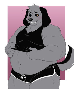 anthro belly big_belly biped black_body black_clothing black_sclera blush bodily_fluids bottomwear clothed clothing clothing_pull dolphin_shorts dressing fluffy fluffy_tail fur grey_body grey_fur grin looking_at_viewer male moobs navel nervous orange_eyes overweight overweight_anthro overweight_male pupils purple_background shirt shirt_pull shorts shy simple_background slit_pupils smile solo standing sweat sweaty_face tail tank_top three-quarter_view topwear topwear_pull allel444aiko ghost_(chumblings) canid canine mammal skeleton_dog 2026 absurd_res digital_media_(artwork) hi_res portrait three-quarter_portrait unavailable_at_source
