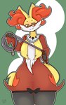 anthro eyewear female glasses holding_object holding_whip inner_ear_fluff orange_inner_ear_fluff pseudo_clothing pupils red_eyes slit_pupils solo tail thick_thighs tuft whip yellow_ears sirphilliam nintendo pokemon delphox generation_6_pokemon pokemon_(species) hi_res