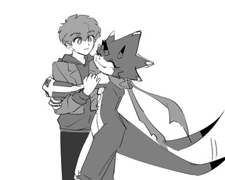 anthro blush clothing duo hoodie horn hug male scarf smile tail tail_motion tailwag topwear noire02_a bandai_namco digimon digimon_ghost_game hiro_amanokawa betelgammamon digimon_(species) human mammal scalie hi_res monochrome