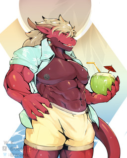 anthro bottomwear breasts clothing male pants red_body simple_background solo standing tongue tongue_out workakeius mythology dragon mythological_creature mythological_scalie scalie absurd_res hi_res