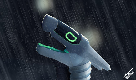 ambiguous_form ambiguous_gender green_eyes green_tongue looking_up machine metallic_body open_mouth raining sad side_view solo tongue wet wet_body thatman gh0st_(thatman_23) robot synth_(vader-san) absurd_res hi_res male_(lore)