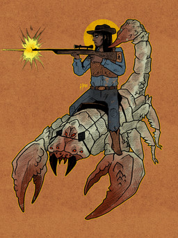 albino ambiguous_gender belt black_hair blinders blue_bottomwear blue_clothing blue_jeans blue_pants boots bottomwear brown_background brown_body brown_skin clothed clothing cowboy_boots cowboy_hat denim denim_bottomwear denim_clothing duo eyewear feral footwear fully_clothed gun hair hat headgear headwear holding_gun holding_object holding_ranged_weapon holding_rifle holding_weapon jeans male muzzle_flash pants pincers ranged_weapon red_eyes reins rifle saddle scope shoes simple_background text weapon wearing_boots wearing_hat western_clothing han_(artist) fallout microsoft julio_murrieta petunia_(han) human mammal radscorpion_(fallout) artist_name english_description hi_res
